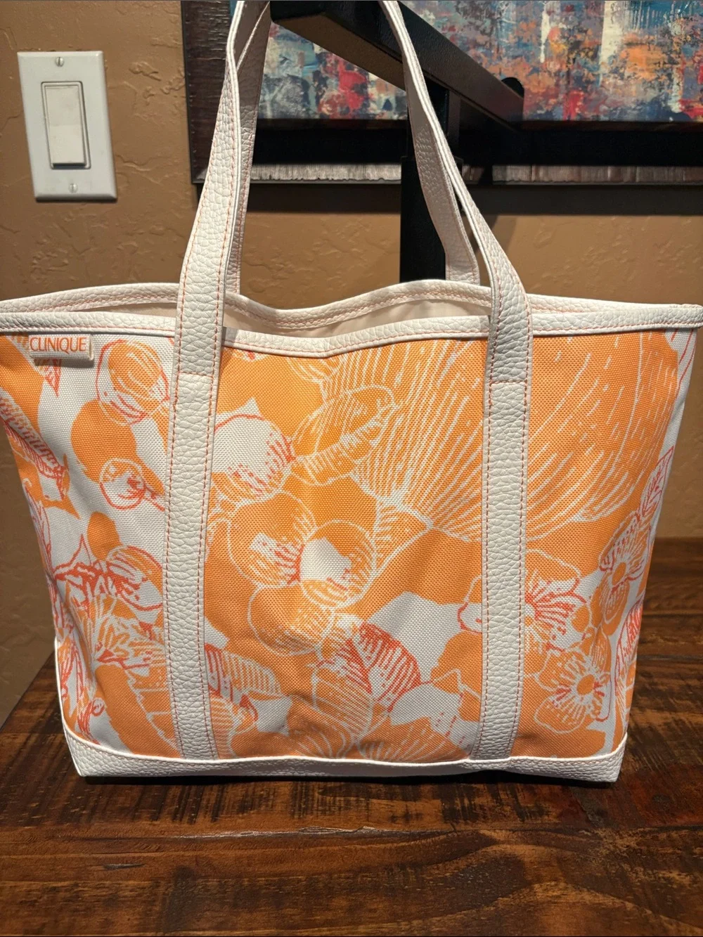 Clinique NWT Orange &  White Floral Canvas Tote & Cosmetic Pouch Set w/Cosmetics